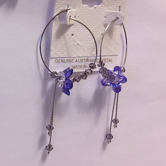 NEW Genuine Purple Austrian Crystal Floral Hoop Earrings 30mm Women Jewelry - Picture 3 of 7